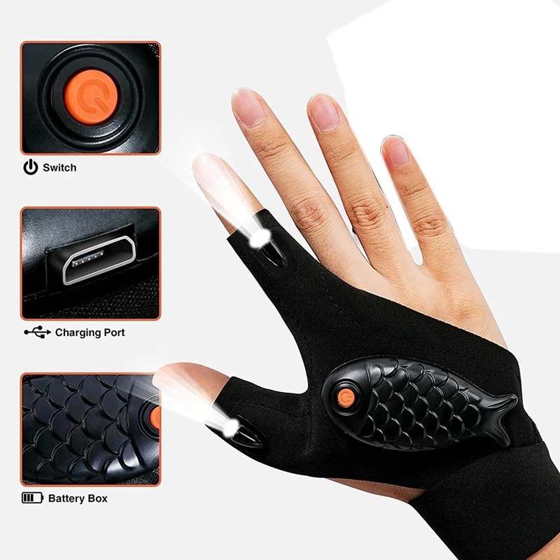 Găng Tay Câu Cá / Cắm Trại Ban Đêm Không Ngón Chống Thấm Nước Có Đèn LED Sạc USB