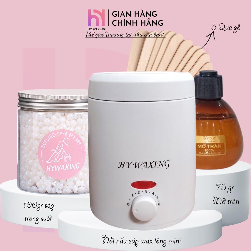 Combo 100gr Sáp Trong Suốt + Nồi Nấu Sáp Wax Lông Chống Dính Mini HY WAXING + Mỡ Trăn Tặng Que