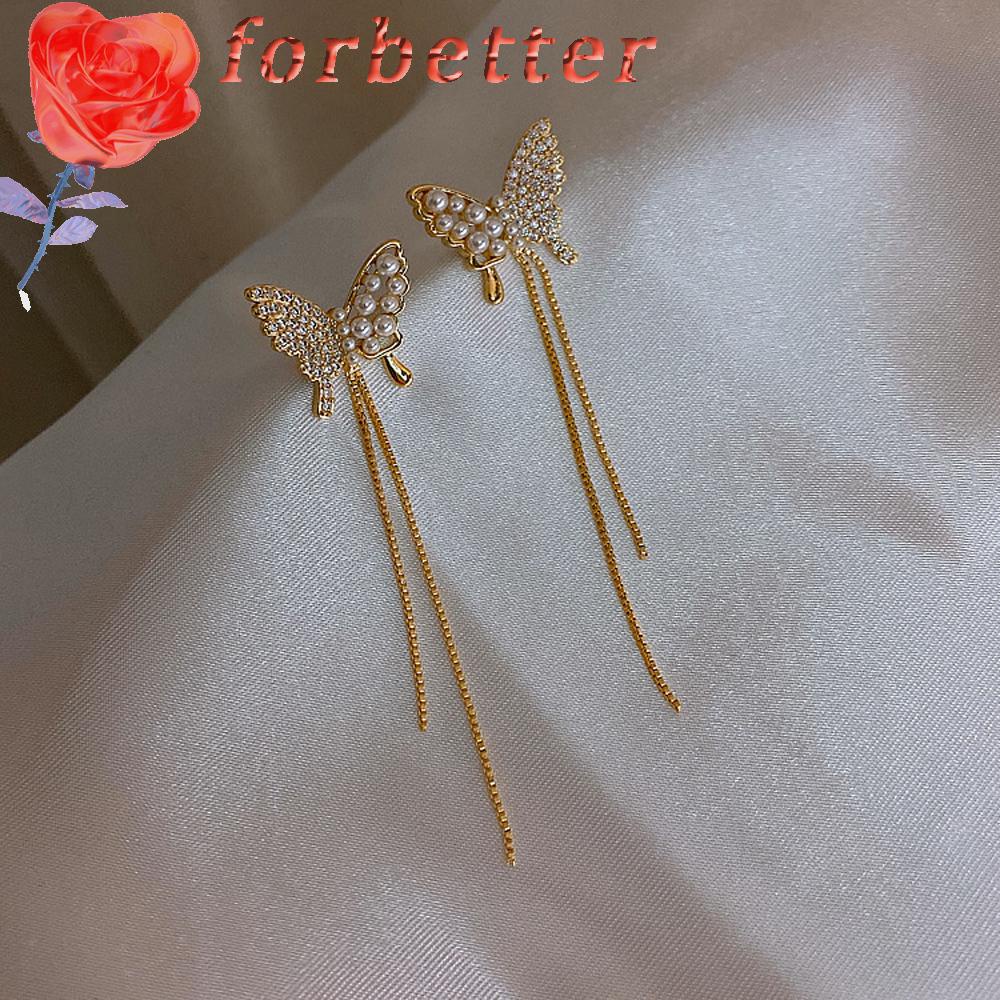 Bông tai dạng thả phối rua rua mặt bướm đính ngọc trai thời trang xinh xắn dành cho nữ