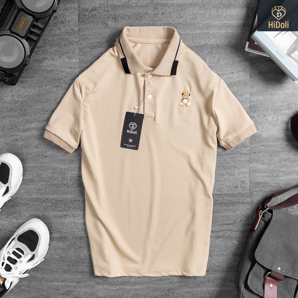 Áo polo nam phối cổ tay thêu gấu siêu sang