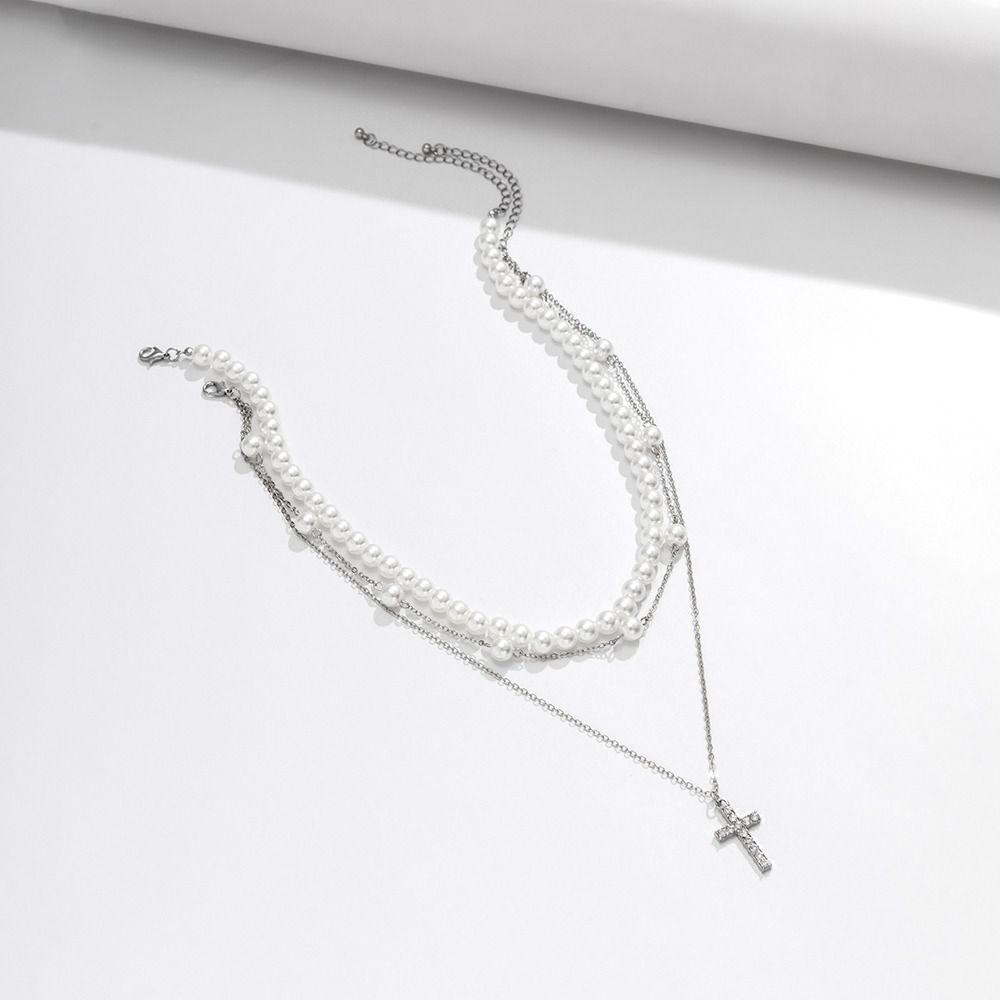 AROMA Vòng cổ Ba Lớp Mặt Thánh Giá Phong Cách Hàn Quốc Độc Đáo