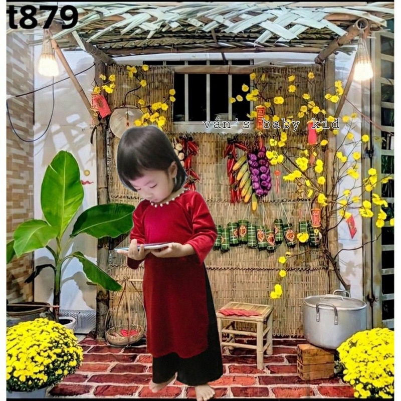 áo dài Nhung đính ngọc trai kèm quần lụa hot trend cho bé siêu xinh