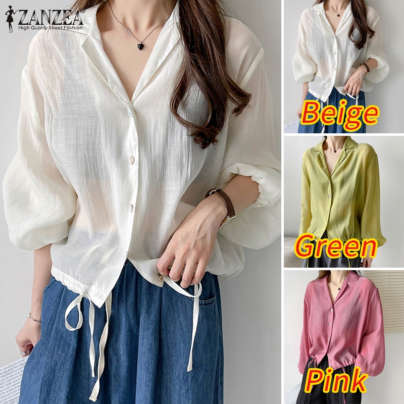 Áo sơ mi ZANZEA tay dài cổ bẻ thiết kế dây rút phong cách Hàn Quốc thời trang cho nữ