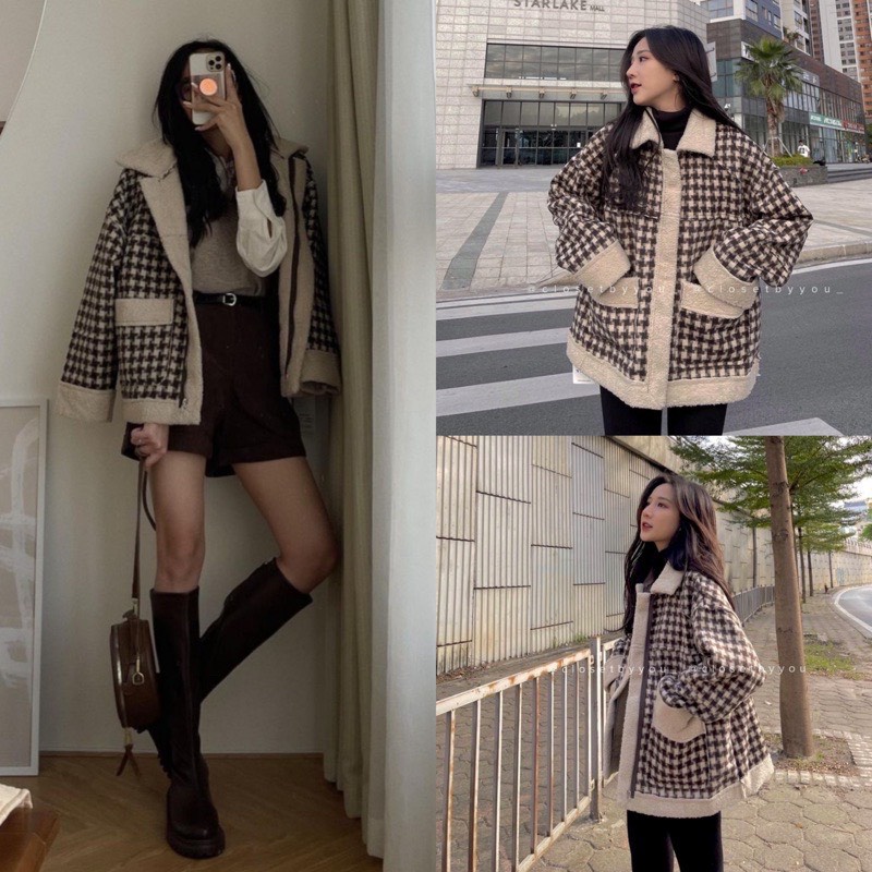 Áo khoác dạ gingham lót lông cừu hàng quảng châu/Áo lông cừu
