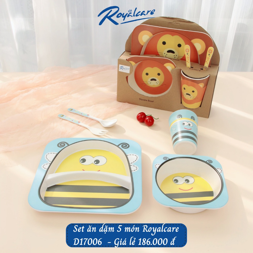 Set đồ dùng ăn dặm 5 món cho bé gồm cốc, bát, thìa, dĩa và khay 2 ngăn làm từ tre Bamboo kháng khuẩn Royalcare 170