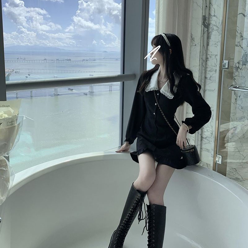 IELGY IELGY Đầm Ngắn Tay Dài Cổ Chữ v Phong Cách Hàn Quốc Cho Nữ