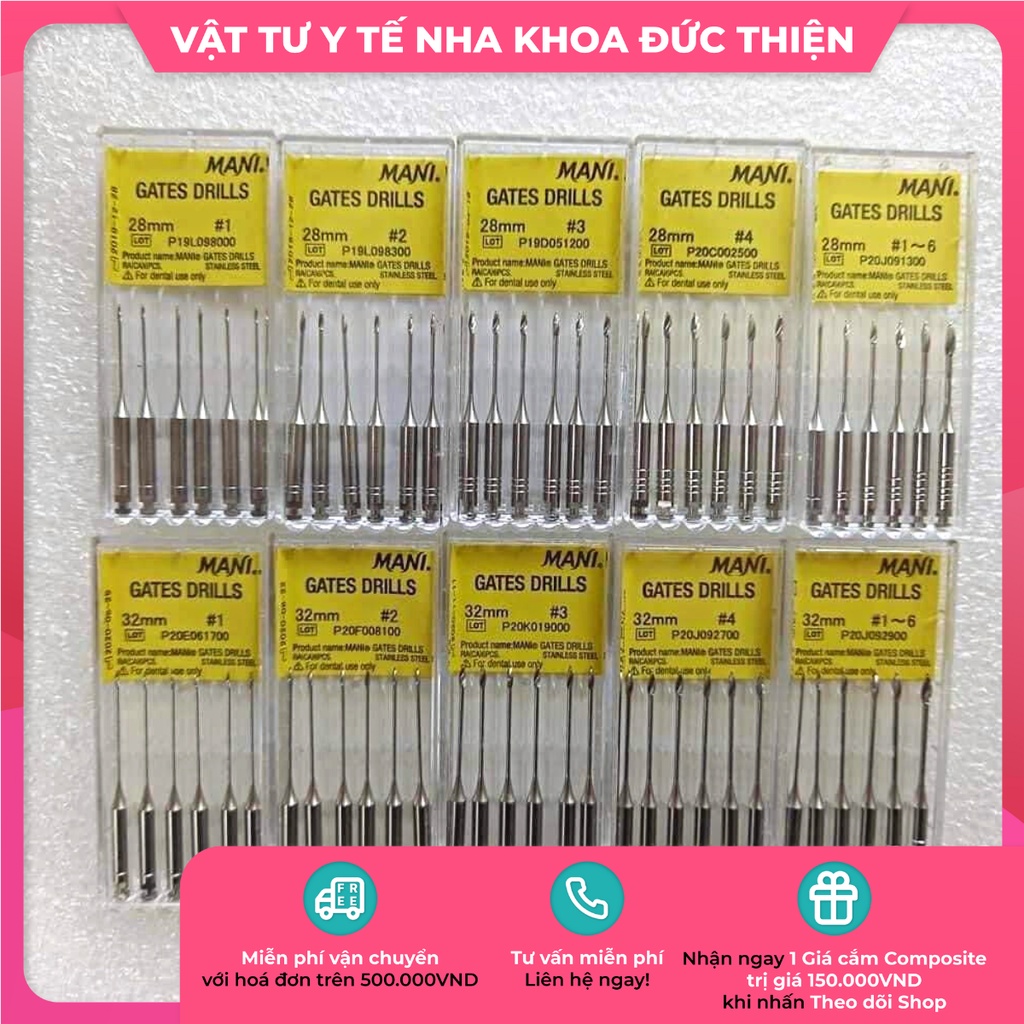 Mũi Gates Drills MANI Nhật (Vỉ 6 cây) - Vật tư nha khoa chính hãng