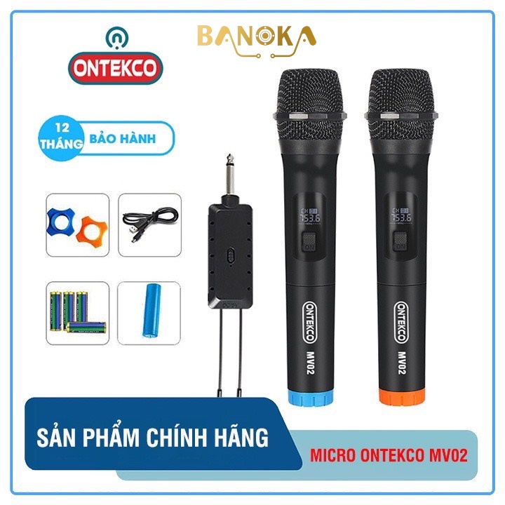 {BANOKA HÀ NỘI}Bộ 2 Micro không dây cao cấp Ontekco Mv02 đa năng dùng mọi loại loa kéo, máy trợ giảng,,AMLY-VANG...