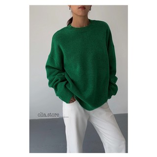 Áo sweater len basic trơn màu xanh lá Olia