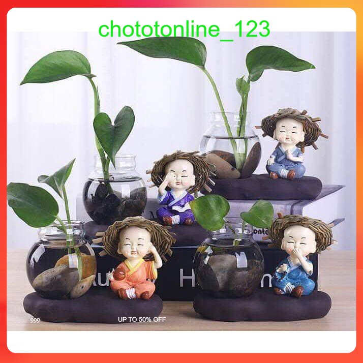 BỘ TƯỢNG 4 CHÚ TIỂU ĐỘI NÓN RƠM KÈM BÌNH BÔNG