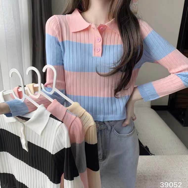 Áo Sweater Dệt Kim Tay Dài Cổ Bẻ Kẻ Sọc Lưng Cao Thời Trang Mùa Thu 2020 Cho Nữ