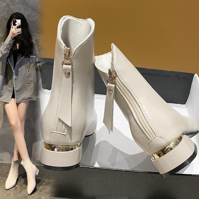 Giày của phụ nữ 2022 mới boots màu trắng Giày nữ phong cách Anh mùa thu và mùa đông lông cừu Giày Martin giày bốt ngắn