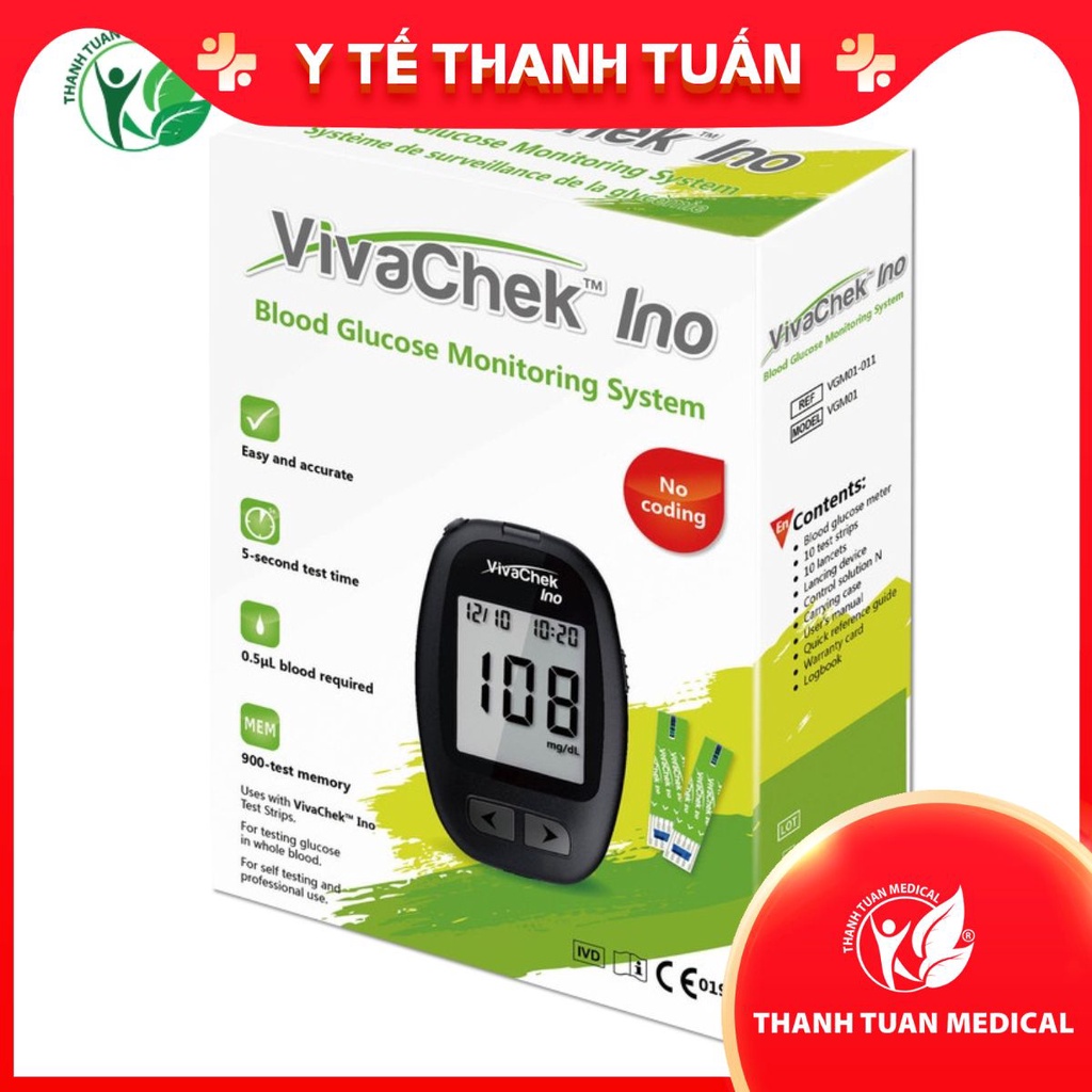 Máy đo đường huyết Vivachek Ino thương hiệu Mỹ – Tặng kèm 50 que thử và 50 kim lấy máu (BH trọn đời)