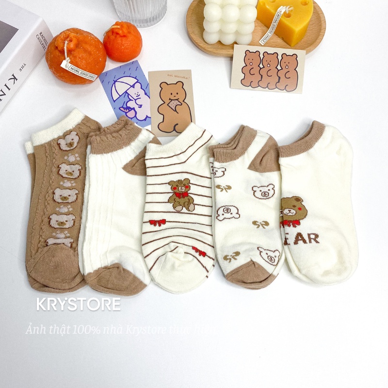 Set 5 đôi tất vớ nữ ngắn cổ Gấu Teddy chất đẹp Krystore SN17