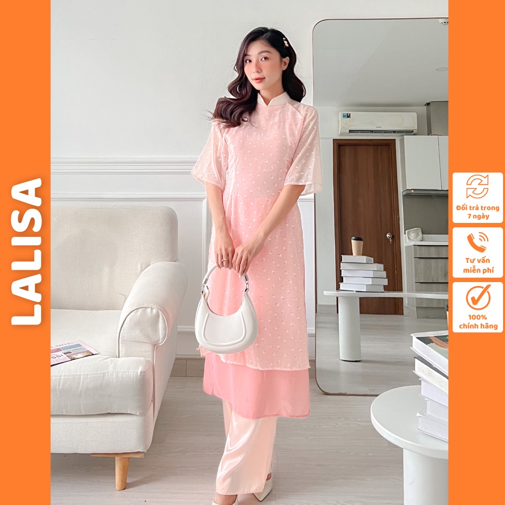 Áo Dài Cách Tân LALISA Áo Dài Tết Cách Tân Nữ Hoa Nhí Dáng Suông Dài Hai Lớp Xếp Tàng Tay Ngắn AOE5