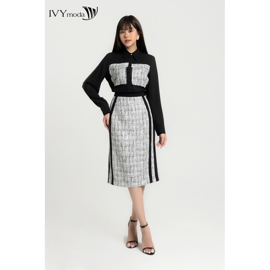 Chân váy tweed phối sọc IVY moda MS 31M7989