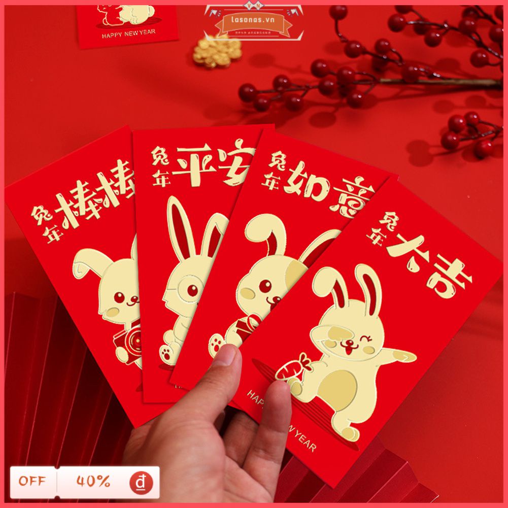 Cá Tuyết 6 Cái/gói Cny Ốp Lưng Đỏ Với Mạ Vàng Thỏ In Hình Đỏ Gói Tin Tiền May Mắn Gói Tin Tặng Túi