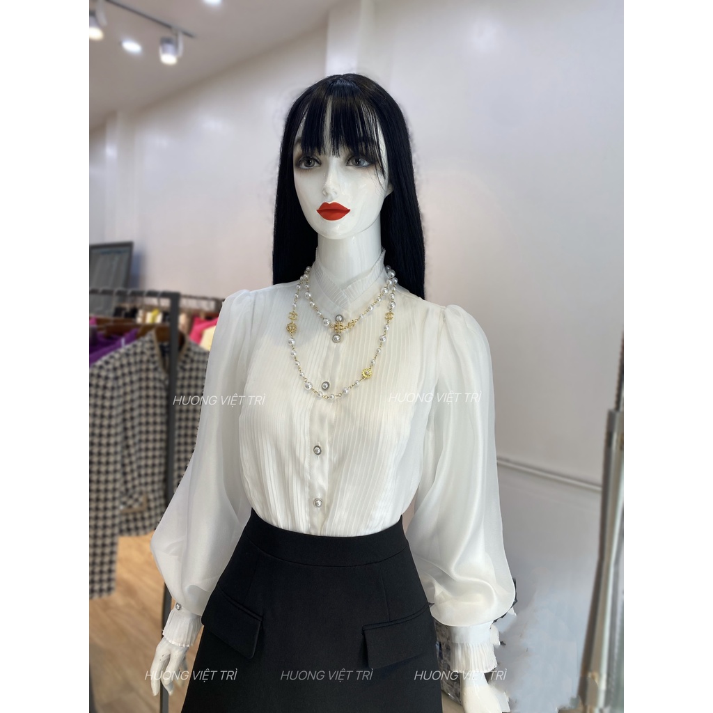 Áo oganza tơ tam cổ bèo dập ly nhỏ HUONGBOUTIQUE HBSM1026