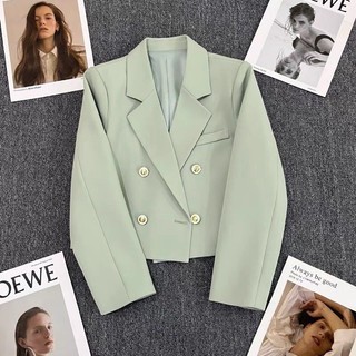 Áo blazer xanh mind dáng ngắn, cúc ngọc, hàng 2 lớp dày dặn