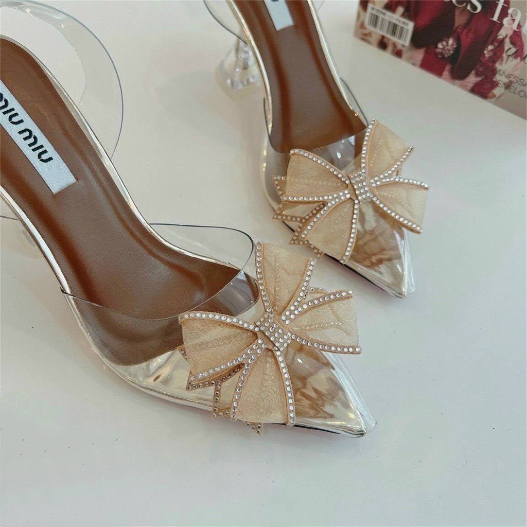 FREESHIP ĐƠN 50K- GIÀY CAO GÓT NỮ - Sandal nữ trong Nơ đá cánh tiên mũi nhọn gót ly cao 8p dễ đi