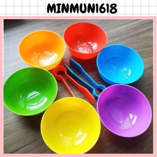 Set 6 bát + 2 kẹp phân loại màu sắc tập gắp hạt nhựa hạt pompom