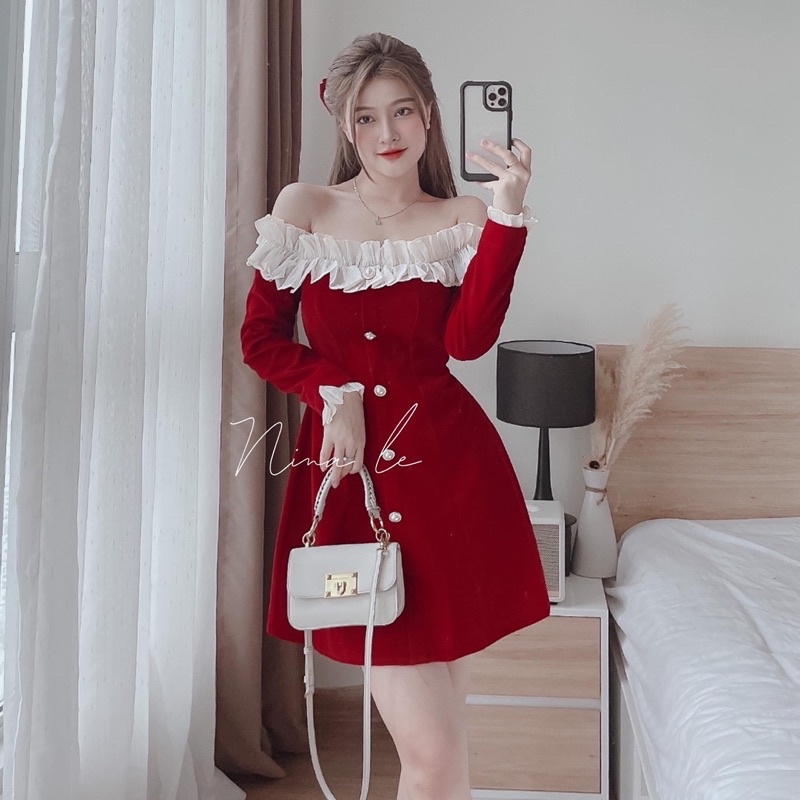 Bigsize Đầm nhung trễ vai bèo trắng tay dài xinh xắn 50-90kg