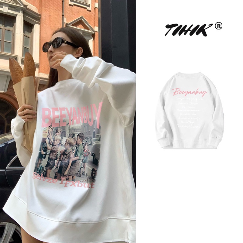 Áo sweater TIHIK cổ tròn tay dài dáng rộng phong cách thời trang cổ điển Hàn Quốc