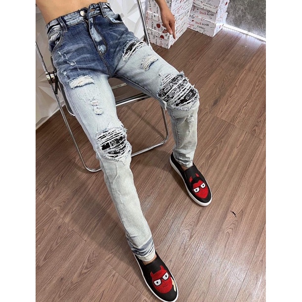 Quần bò amiri rách vá gối siêu chất mix da playboy,quần jean nam rách gối vá da new