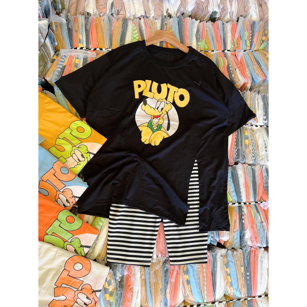 Đồ bộ nữ, set đồ bộ quần lửng ngố thun gân borip và áo thun cotton ngắn tay form rộng freesize xẻ tà in hình cute