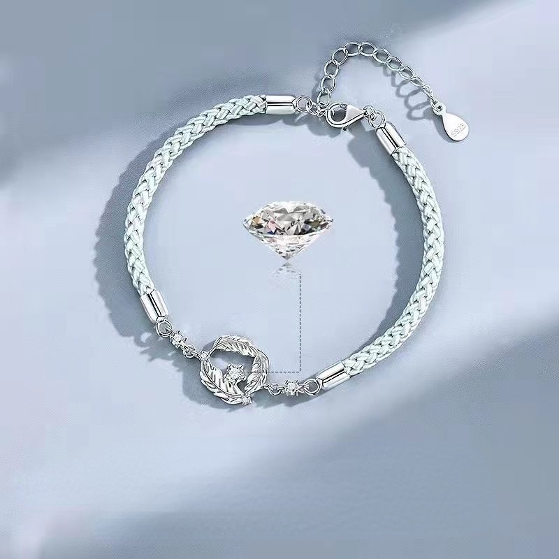 Vòng Tay Dây Bện Phối Mặt Hình Lông Vũ Mạ Bạc 925 Thời Trang Cho Cặp Đôi