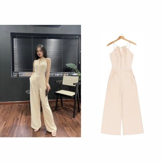 Bộ Jumpsuit áo bóp eo quần suông có túi tôn dáng, Sét áo liền quần nữ dài vải linen mềm mát không nhăn hàng sẵn màu kem