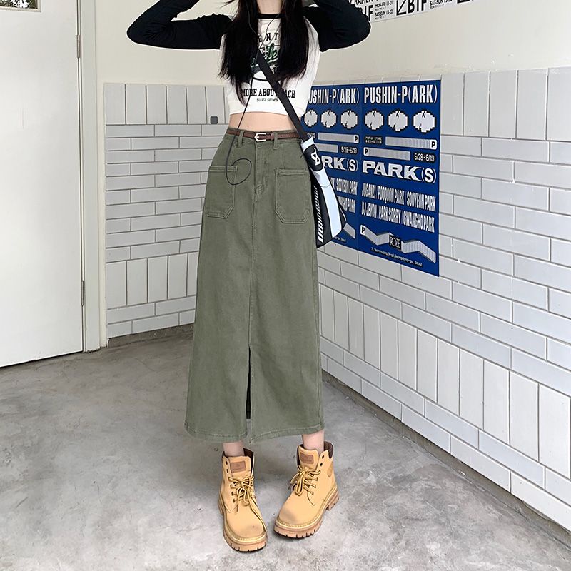 Chân Váy Kaki Dài Lưng Cao Dáng Chữ A Xẻ Tà Thời Trang Mùa Thu Cho Nữ