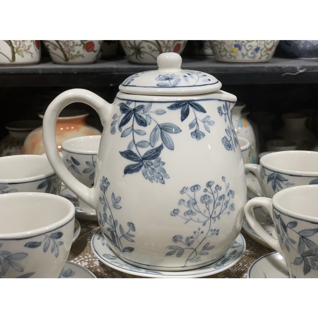 Bộ Ấm Trà Vẽ Tay Decor Bát Tràng, Bình Nước Đẹp Trang Trí Nhà Cửa Dung Tích 1 Lít