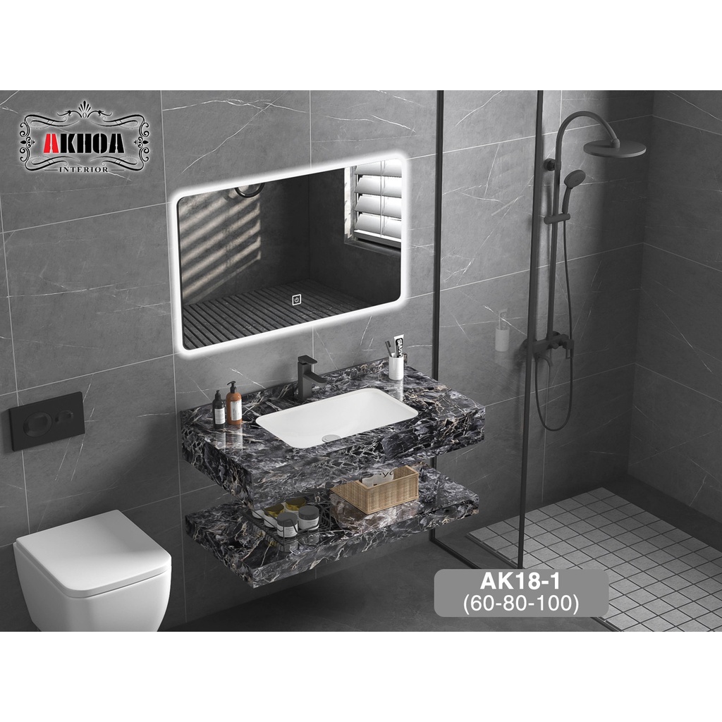 Tủ Chậu Lavabo AKHOA AK18 Màu Đen Mặt Đá Vân Đá Phòng Tắm Gồm 2 Bàn Đá+ Gương Led Toàn Thân-Tủ Chậu Phòng Tắm Có Ảnh Thự