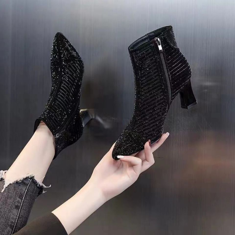 Bán Chạy#Giày Bốt Martin Mũi Nhọn Gót Dày Phối Lưới Đính Kim Cương Thời Trang Xuân Thu Kiểu Mới Cho Bạn Gái