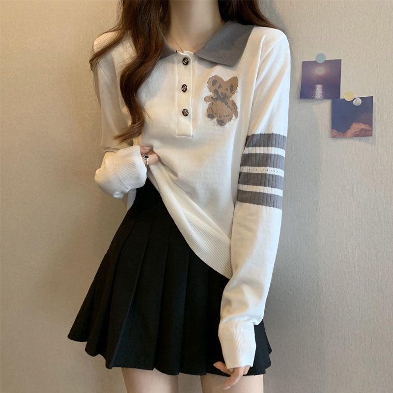 COZOK Áo polo Dệt Kim Tay Dài Thêu Hình Gấu Màu Tương Phản Dễ Thương