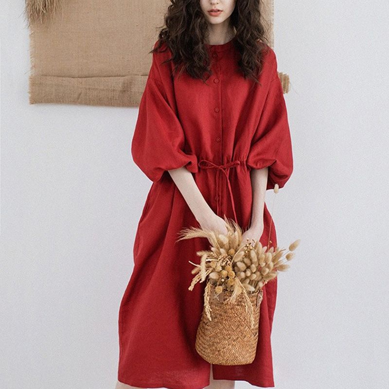 Đầm Midi Tay Ngắn Dáng Rộng Cột Dây Màu Đỏ Phong Cách Cổ Điển Thời Trang Mùa Thu 2022 Mới Cho Nữ