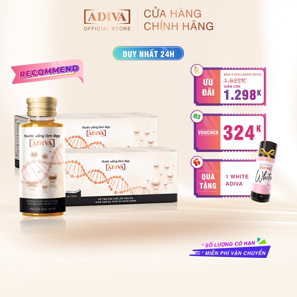 Combo 2 Hộp Nước Uống Làm Đẹp Collagen ADIVA 14 Lọ Tặng 1 Hộp Viên Uống Trắng Da ADIVA White 60 Viên