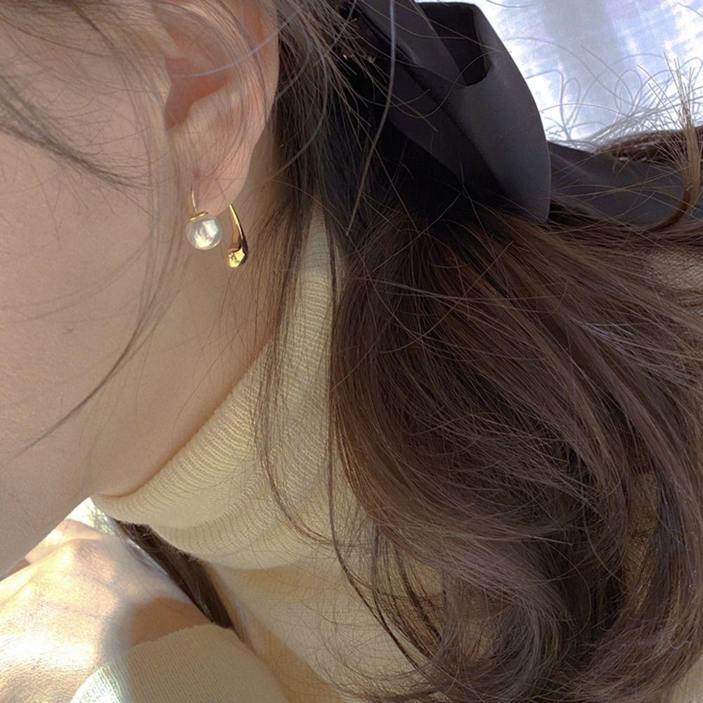 USNOW Bông Tai Chữ C Đính Ngọc Trai Thời Trang