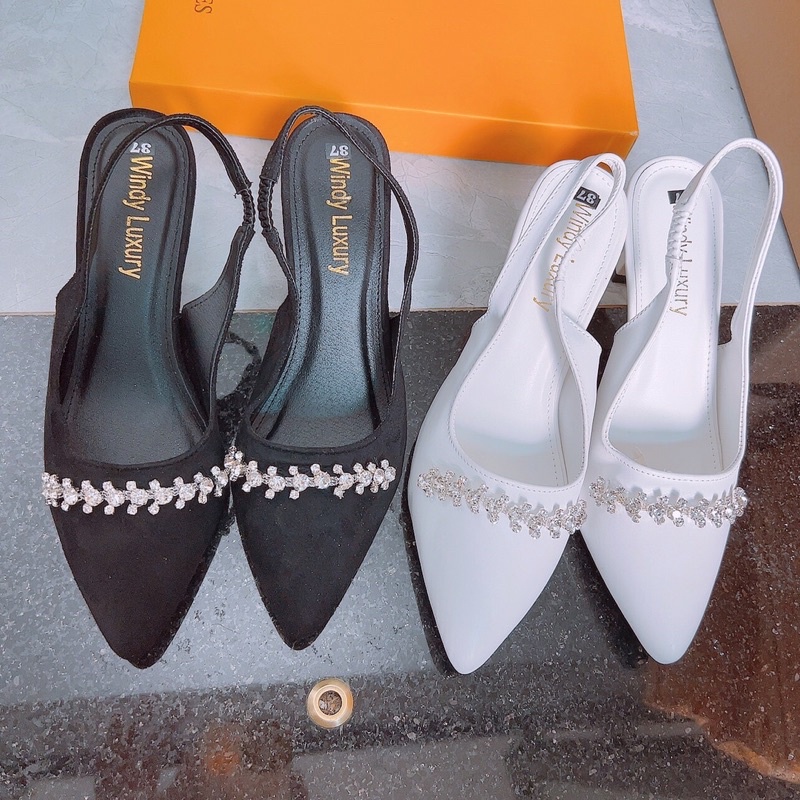❤️RẺ VÔ ĐỊCH❤️ Giày cao gót hở gót viền đá 2 màu đen trắng gót 6cm