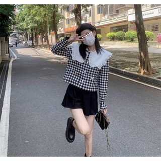 Áo khoác dạ tweed kẻ phối cổ bèo, ado khoác dạ kẻ dáng ngắn