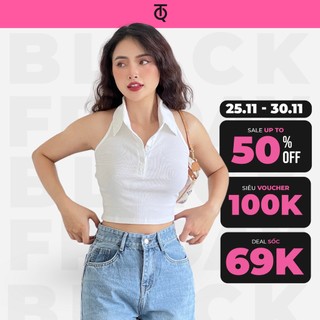 Áo croptop hở lưng cổ bẻ tiqi a148