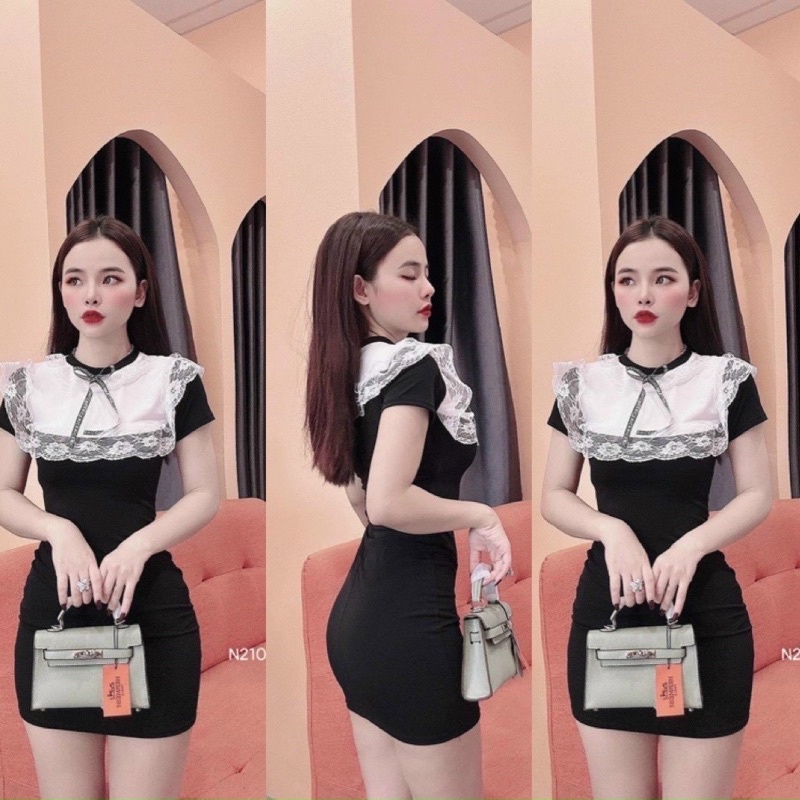 Đầm Đen Phối Viền Cổ Ren Trắng - Tay Ngắn Dáng Ngắn Form Ôm Body Sexy - Tiểu Thư Bánh Bèo Cute Sang Chảnh