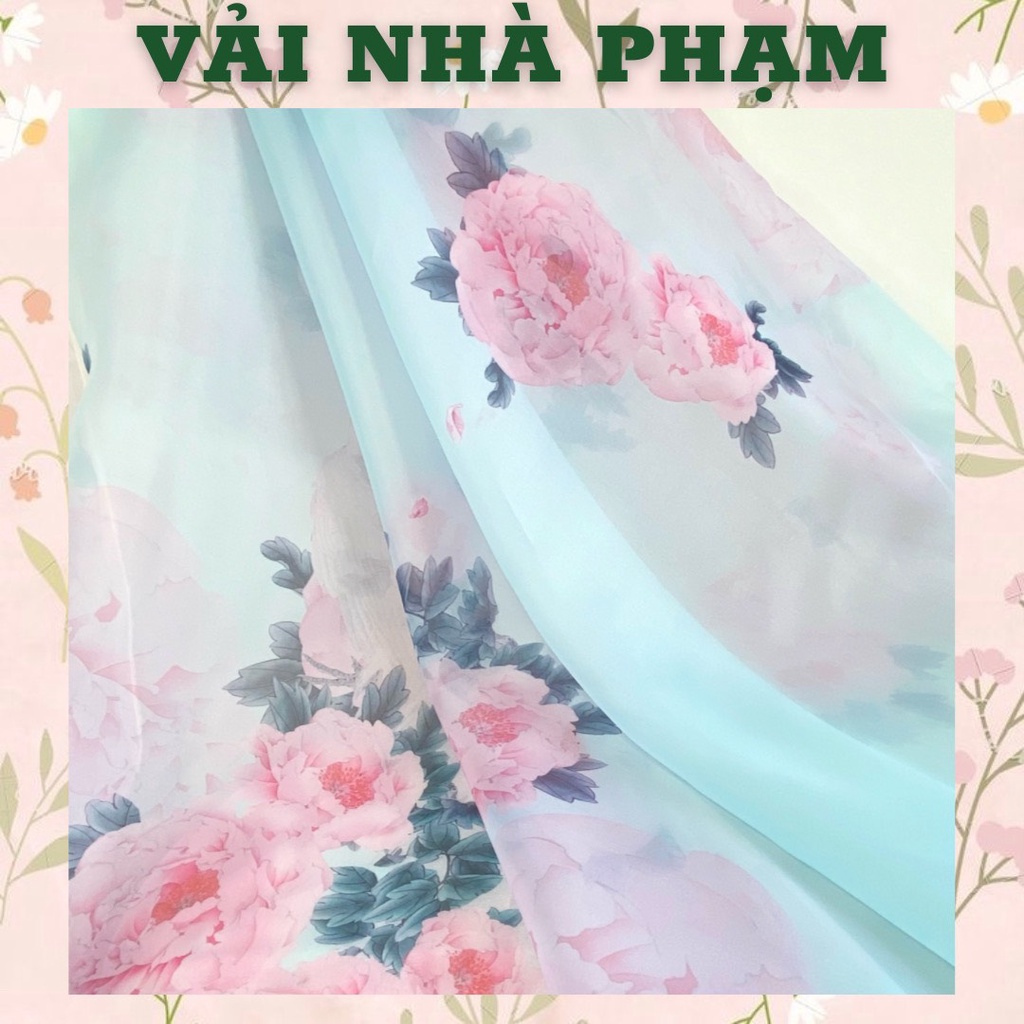 TƠ ORGANZA HOA CHÂN HOẠ TIẾT HOA MẪU ĐƠN NỀN XANH NGỌC NHẠT - KHỔ 1.5M - VẢI NHÀ PHẠM