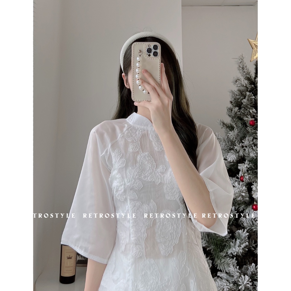 Áo dài cách tân 4 tà phối chân váy voan xòe cạp chun mã Aodai213