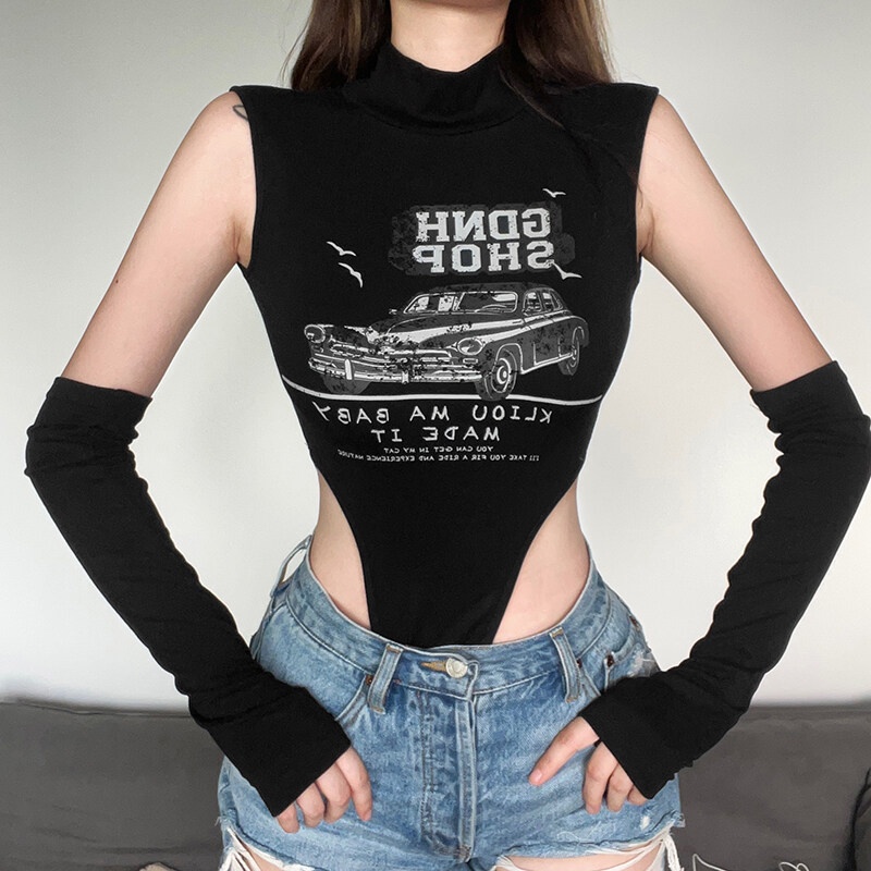 Bộ Áo Liền Quần Sát Nách In Chữ Vintage Quyến Rũ Cho Nữ