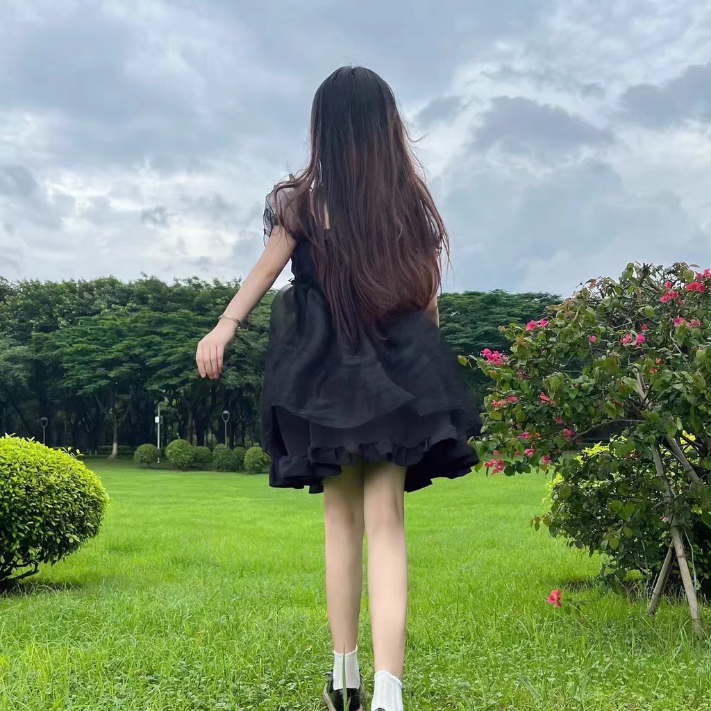 Đầm chữ A tay ngắn phối lưới đính nơ thời trang phong cách lolita xinh xắn dành cho nữ