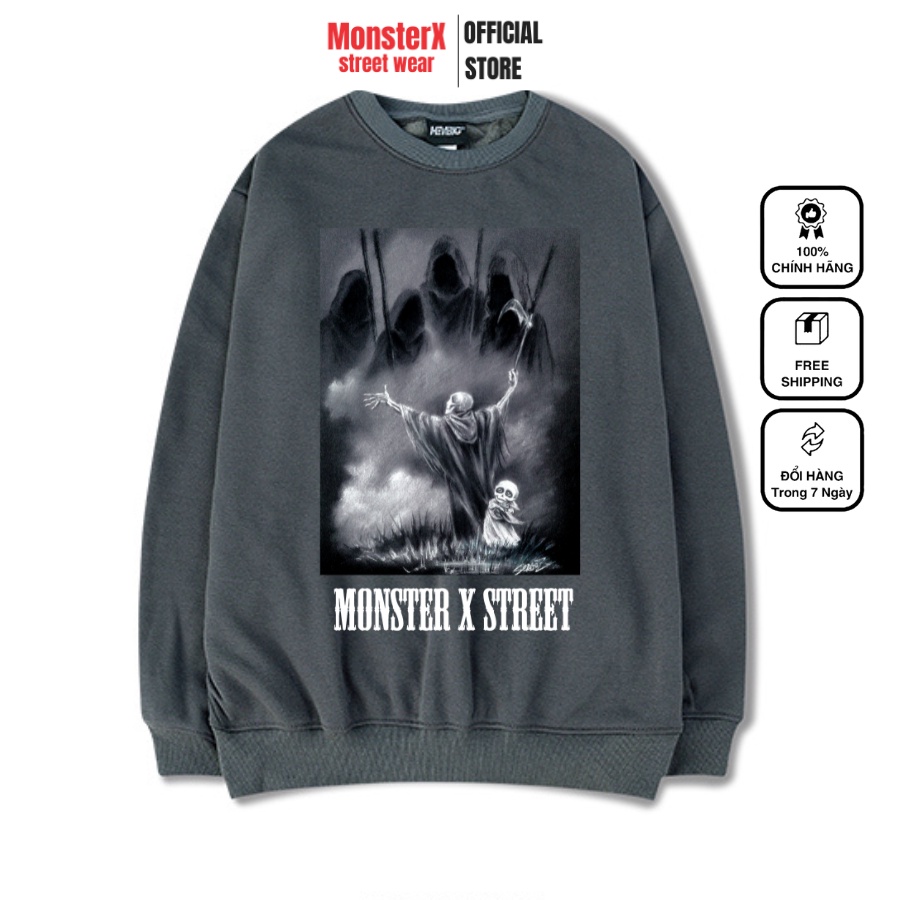 Áo dài tay trơn NỈ BÔNG Unisex Monster X Street Skull Sweater Ulzzang cặp đôi nam nữ form rộng oversize Hàn Quốc