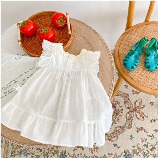 Babyfair Đầm Bé Gái Cotton Không Tay Thêu Thoáng Khí Mùa Hè Có Ren Viền Cho 1 Tuổi Tập Đi