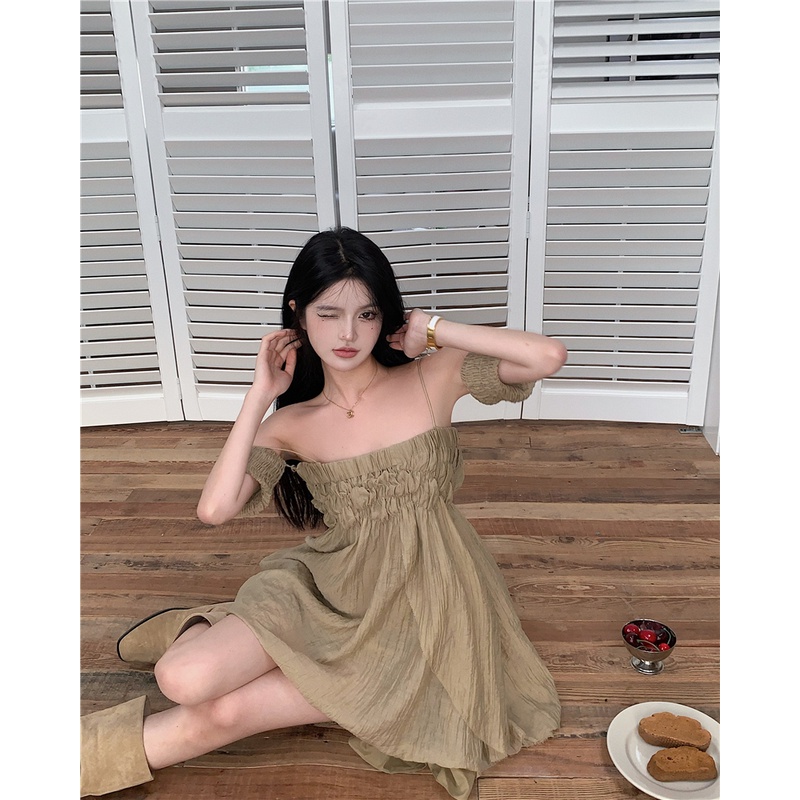 Váy babydoll trễ vai màu rêu cá tính AK3149